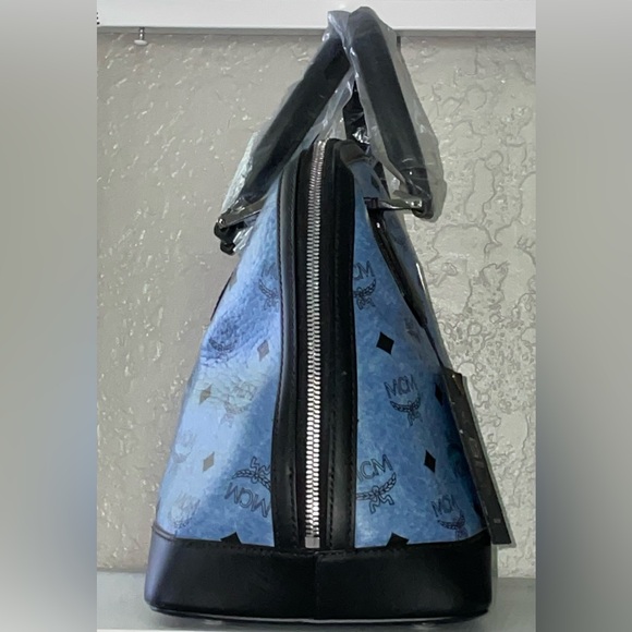 MCM SIGNATURE LEATHER DOMED TOP HANDLE SATCHEL HANDBAG PURSE DENIM BLUE BLACK - Picture 6 of 15